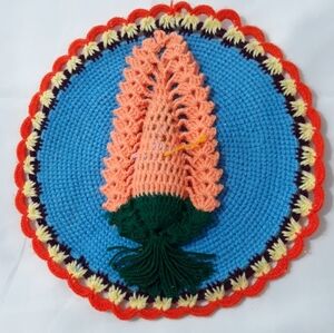 Vintage Handmade Colorful Crochet Wall Hanging Carrot On Blue Round